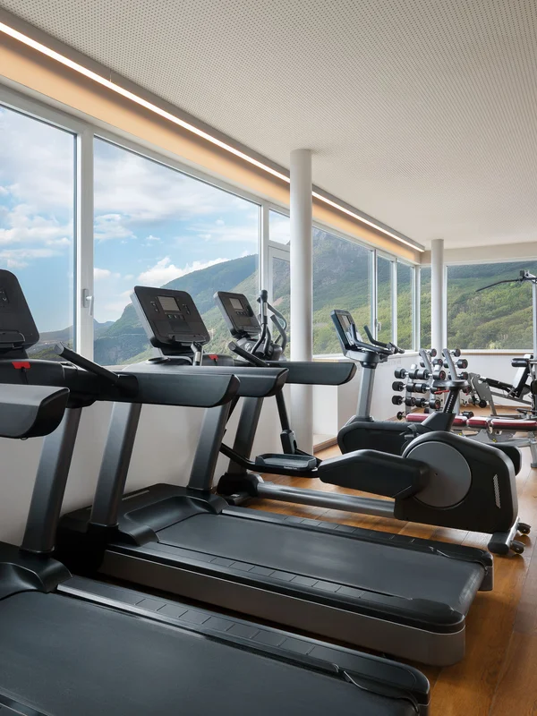 Palestra moderna con attrezzi vicino a grandi finestre con vista sulle montagne